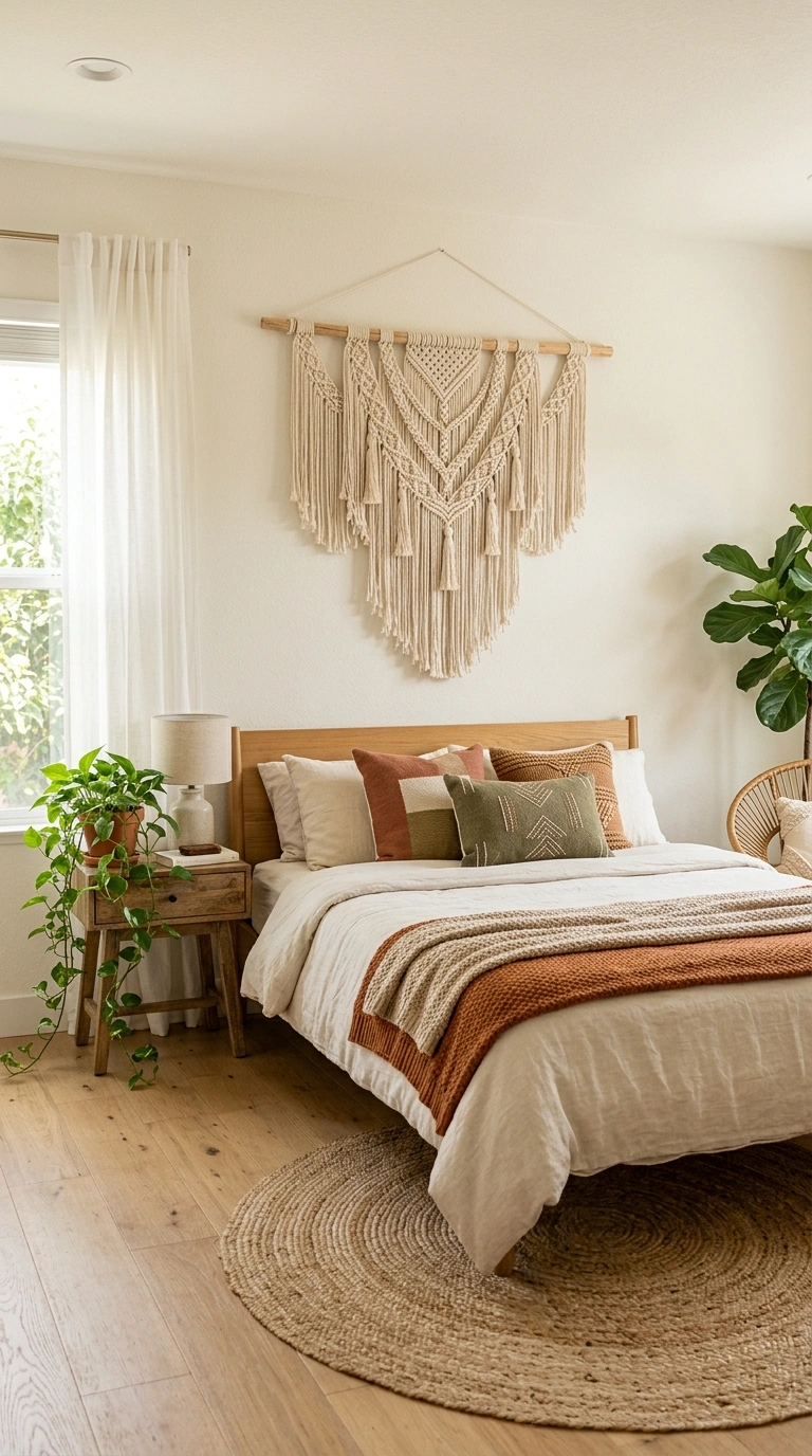 21 Bedroom Ideas for Women in Their 20s With Stylish Personality 2 001 Boho Macrame Wall A bedroom with a large cream mac