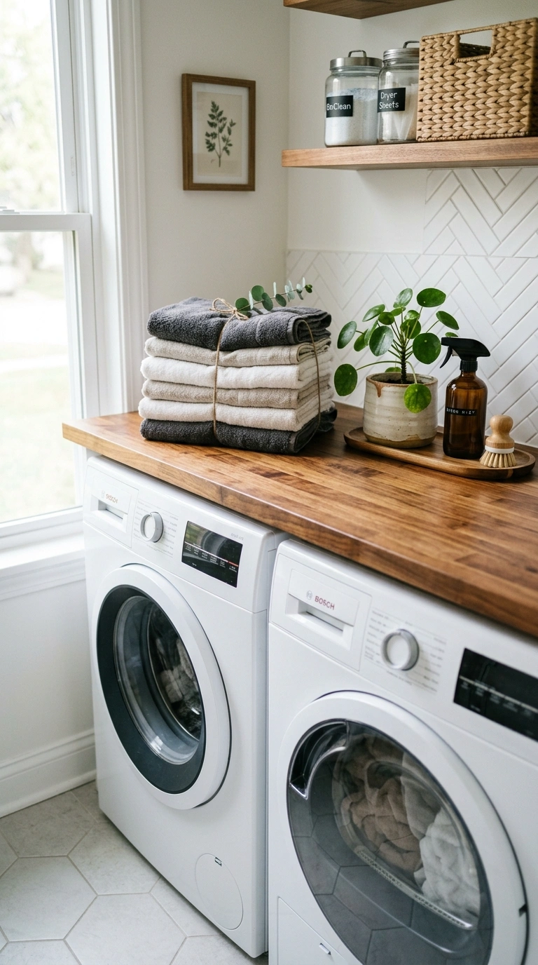 27 Laundry Room Ideas From Tiny Spaces to Spacious Setups 23 001 Butcher Block Counter A warm wood butcher block co