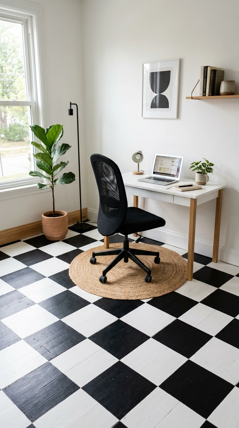 001 Checkerboard Floor Accent A home office with a bla