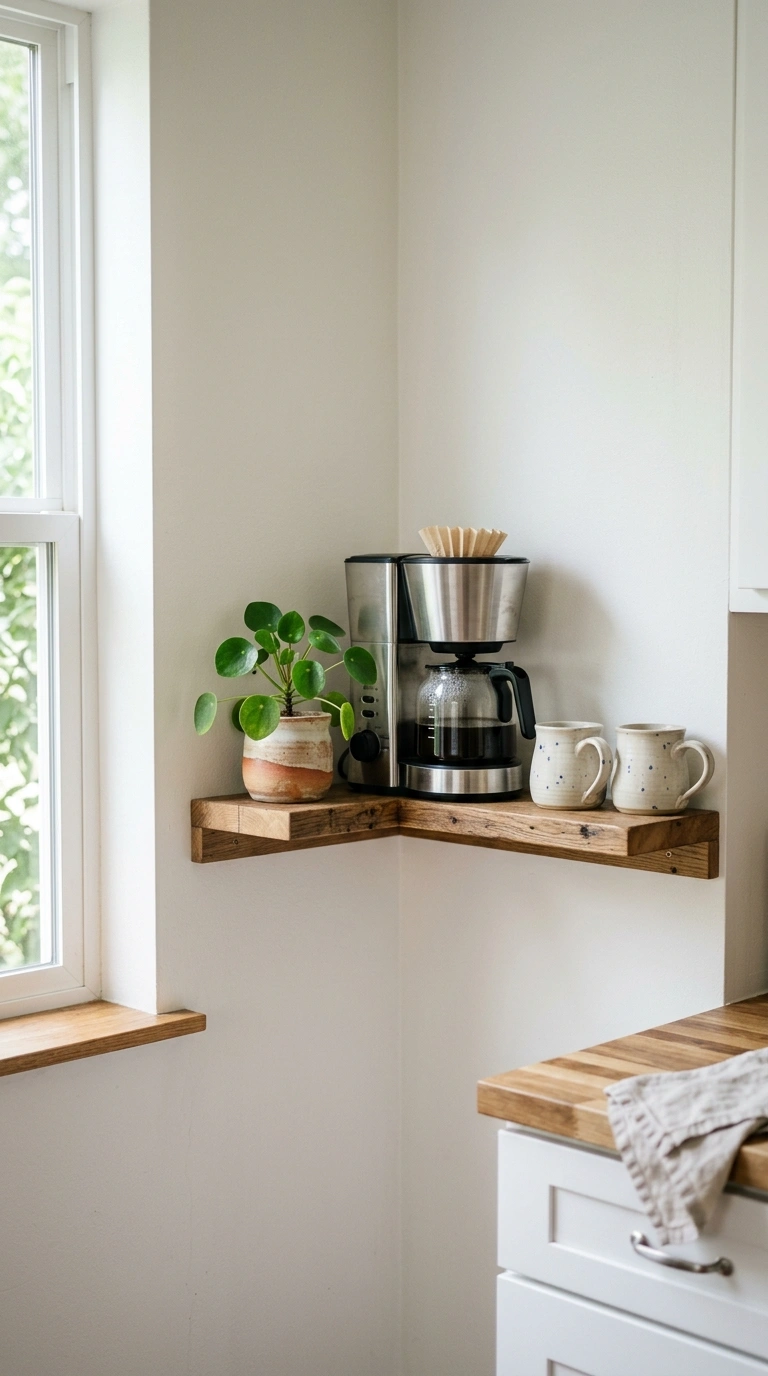 001 Floating Corner Shelf A narrow floating wood shelf
