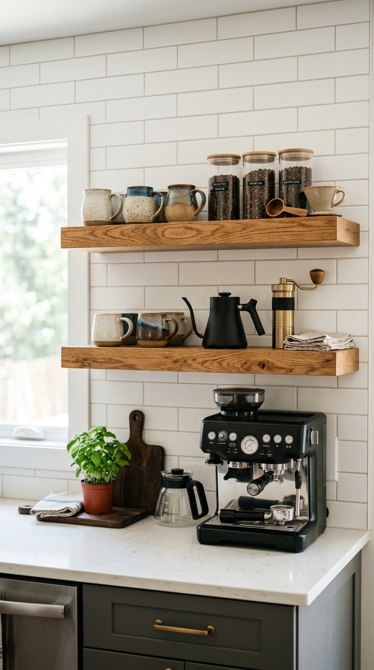 19 Coffee Station Setups That Bring Café Vibes Home 2 001 Floating Shelf Bar A kitchen corner with two warm
