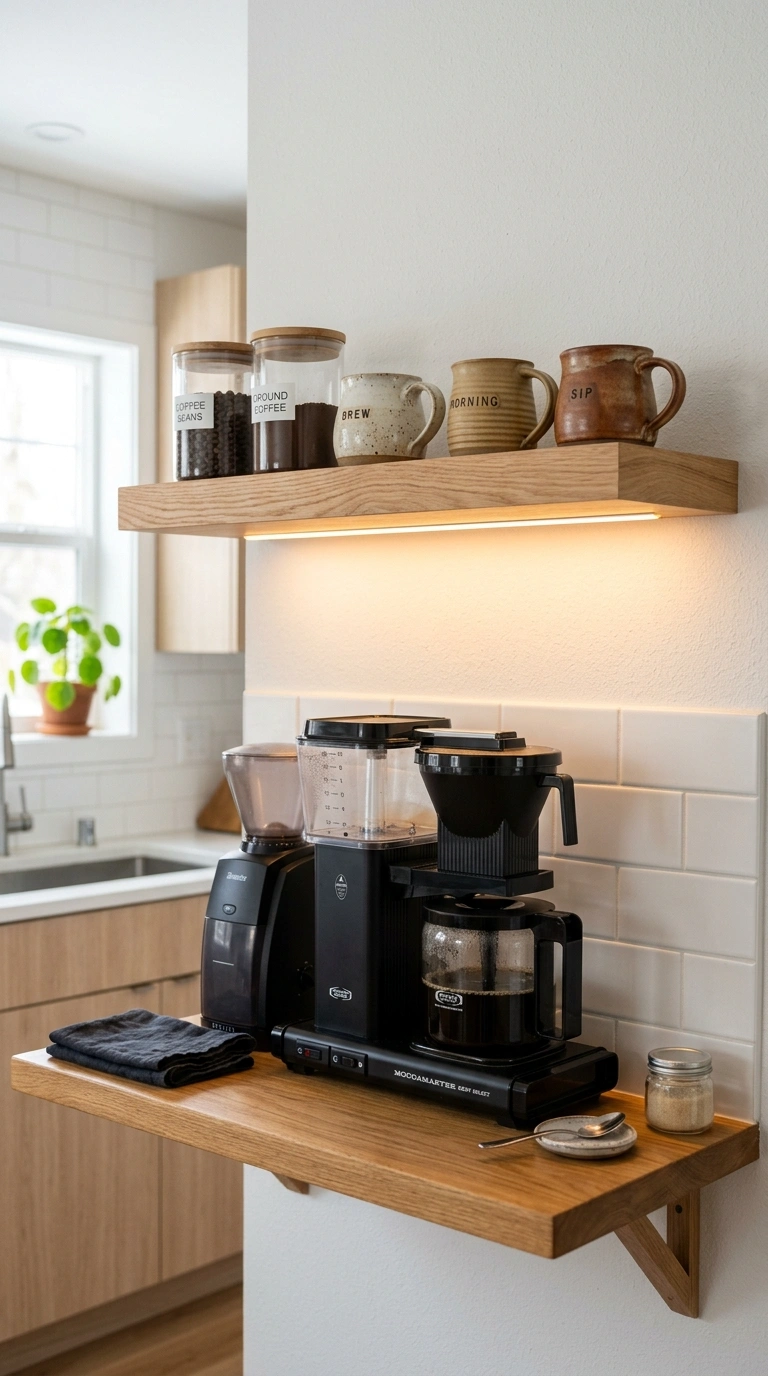 Turn a Small Corner Into a Coffee Bar With These 19 DIY Ideas 2 001 Floating Shelf Bar A single light oak floating she