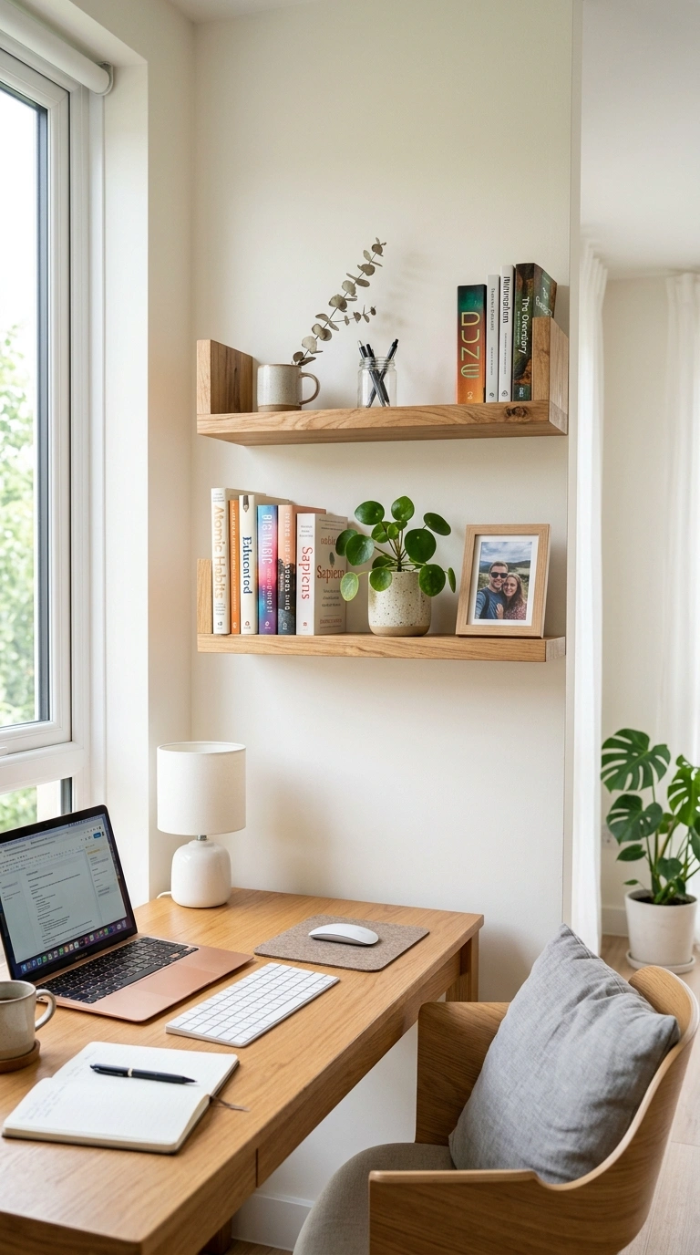 001 Floating Wall Shelves A home office wall with two