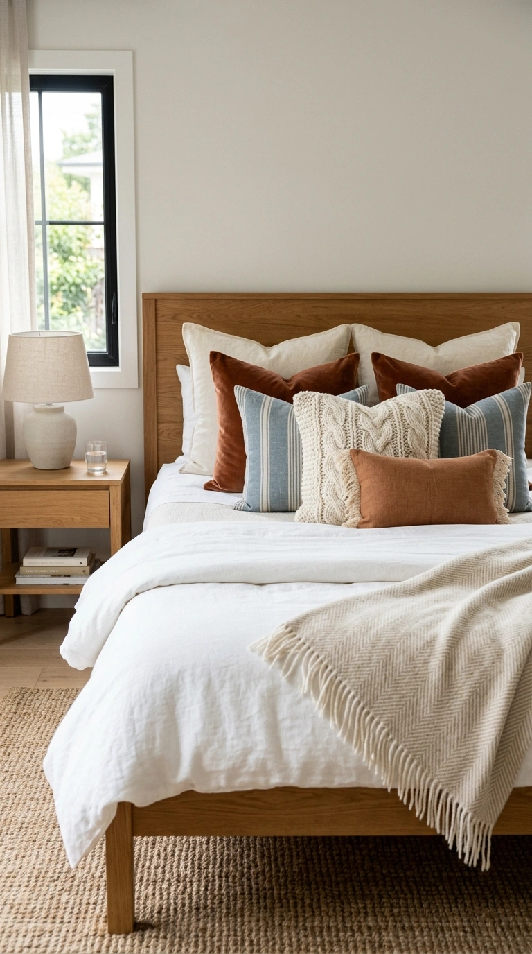001 Layered Throw Pillows A neatly made bed with layer