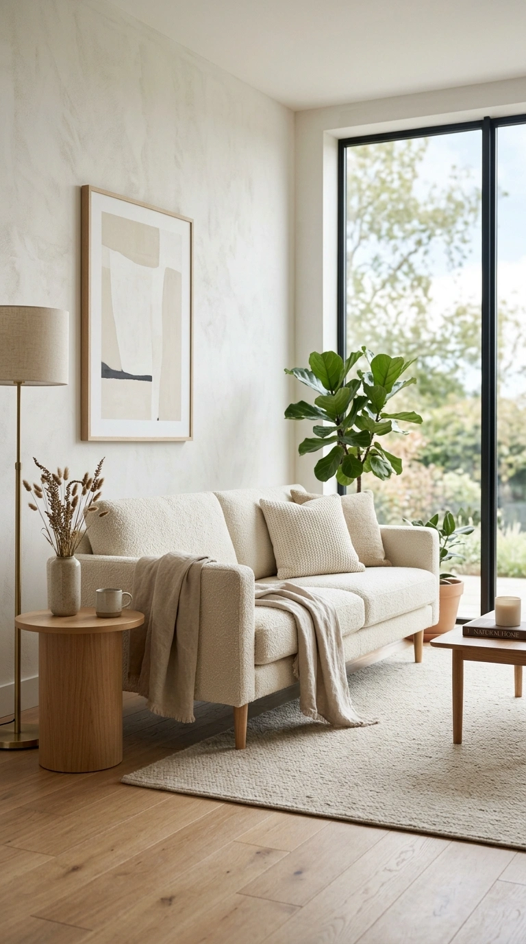 001 Neutral Boucle Sofa A modern living room with a cr