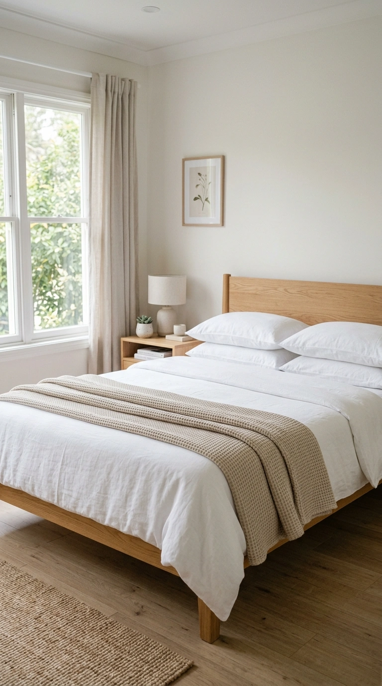 001 Neutral Linen Bedding A neatly made bed with crisp