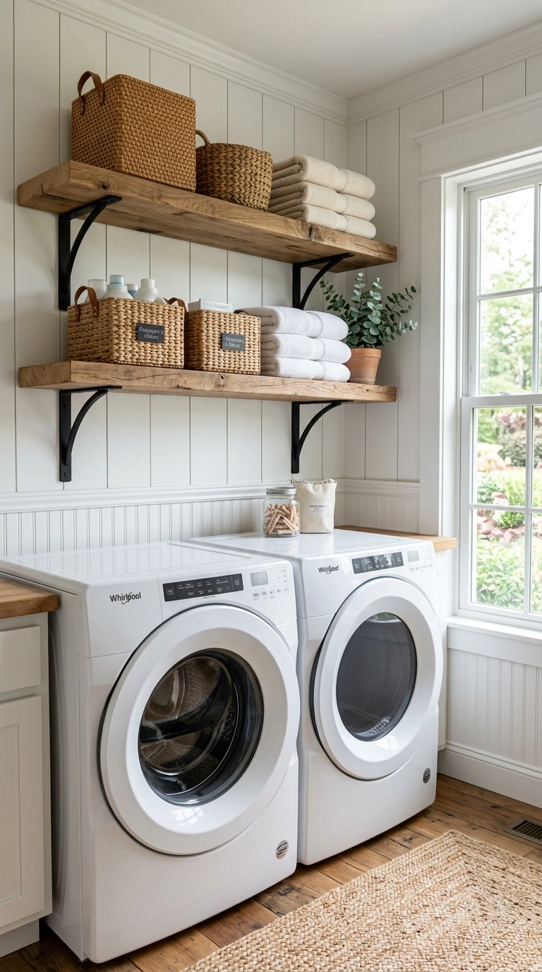001 Open Shelving Baskets A farmhouse laundry room wit