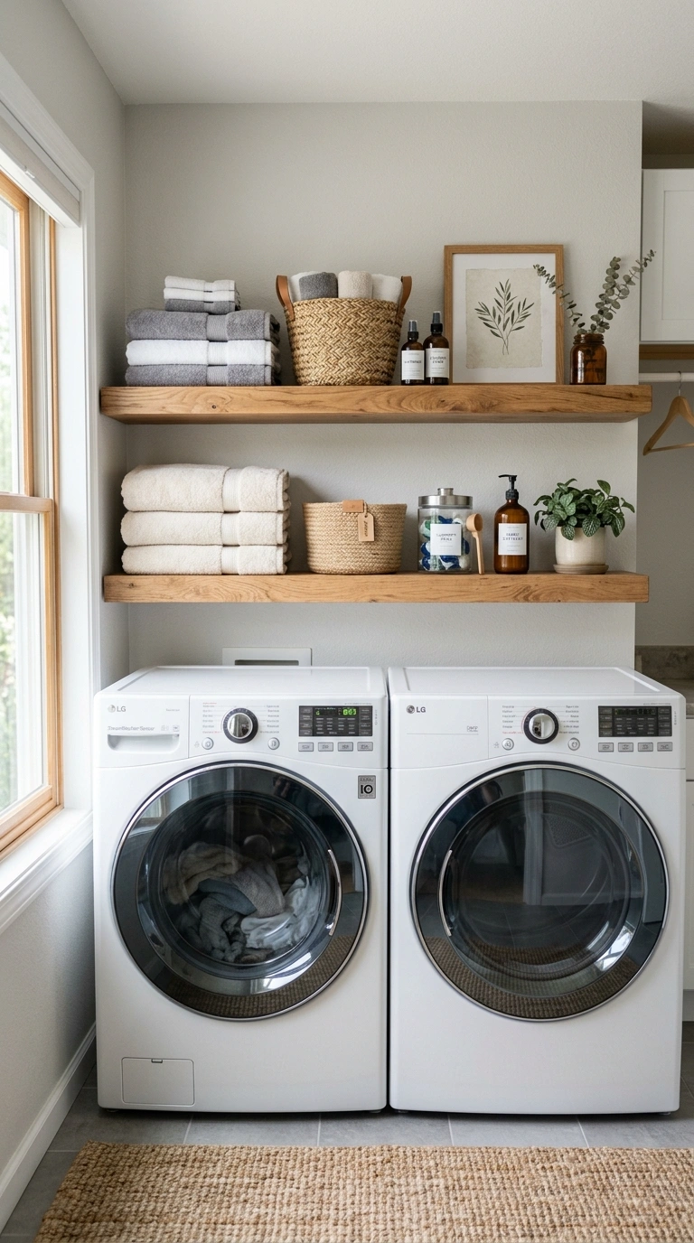 27 Laundry Room Ideas From Tiny Spaces to Spacious Setups 2 001 Open Shelving Wall Two floating wood shelves above
