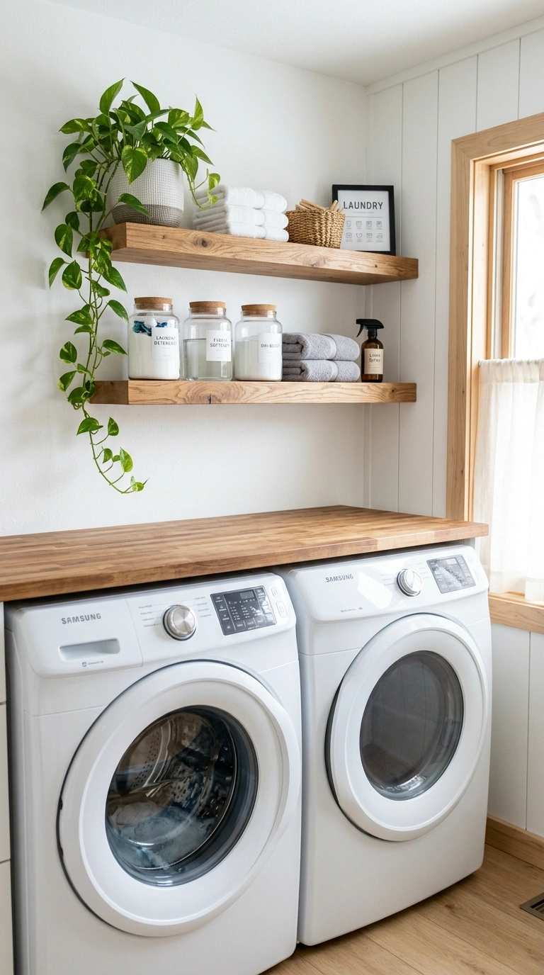001 Open Wood Floating Shelves A modern laundry room w