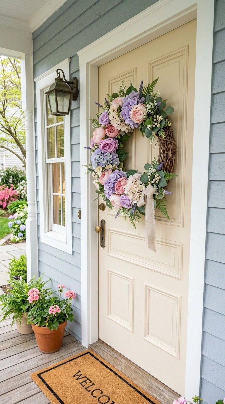 25 Seasonal Decor Ideas to Keep Your Home Feeling Fresh All Year 2 001 Pastel Spring Wreath A front door with a pastel wr