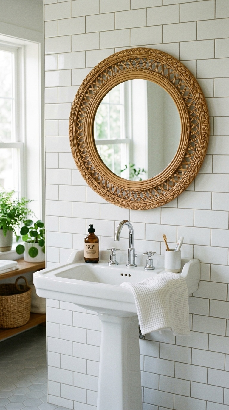 23 Small Bathroom Wall Decor Ideas That Make a Big Impact 2 Round Rattan Mirror