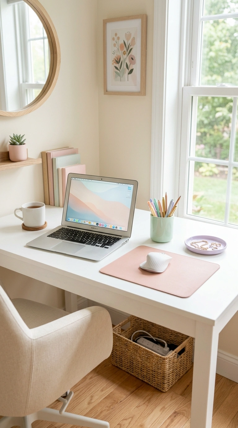 25 Office Decor Ideas for Women That Feel Stylish and Personal 2 001 Soft Pastel Desk A white home office desk with a b