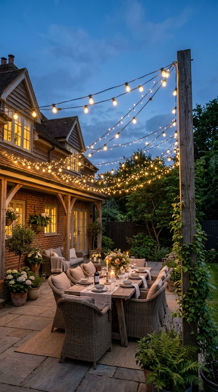 26 Outdoor Decorating Ideas for a Calm and Comfortable Backyard 2 001 String Light Canopy A backyard patio with warm whi