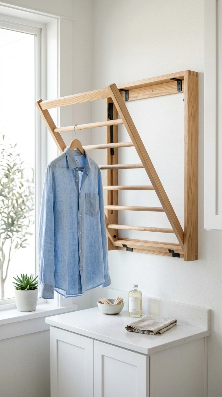 20 Laundry Room Ideas for Smarter Storage and Easier Laundry Days 2 001 Wall Mounted Drying Rack A wood fold down drying r