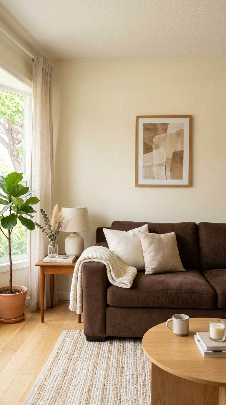 001 Warm Cream Walls A living room with a chocolate br