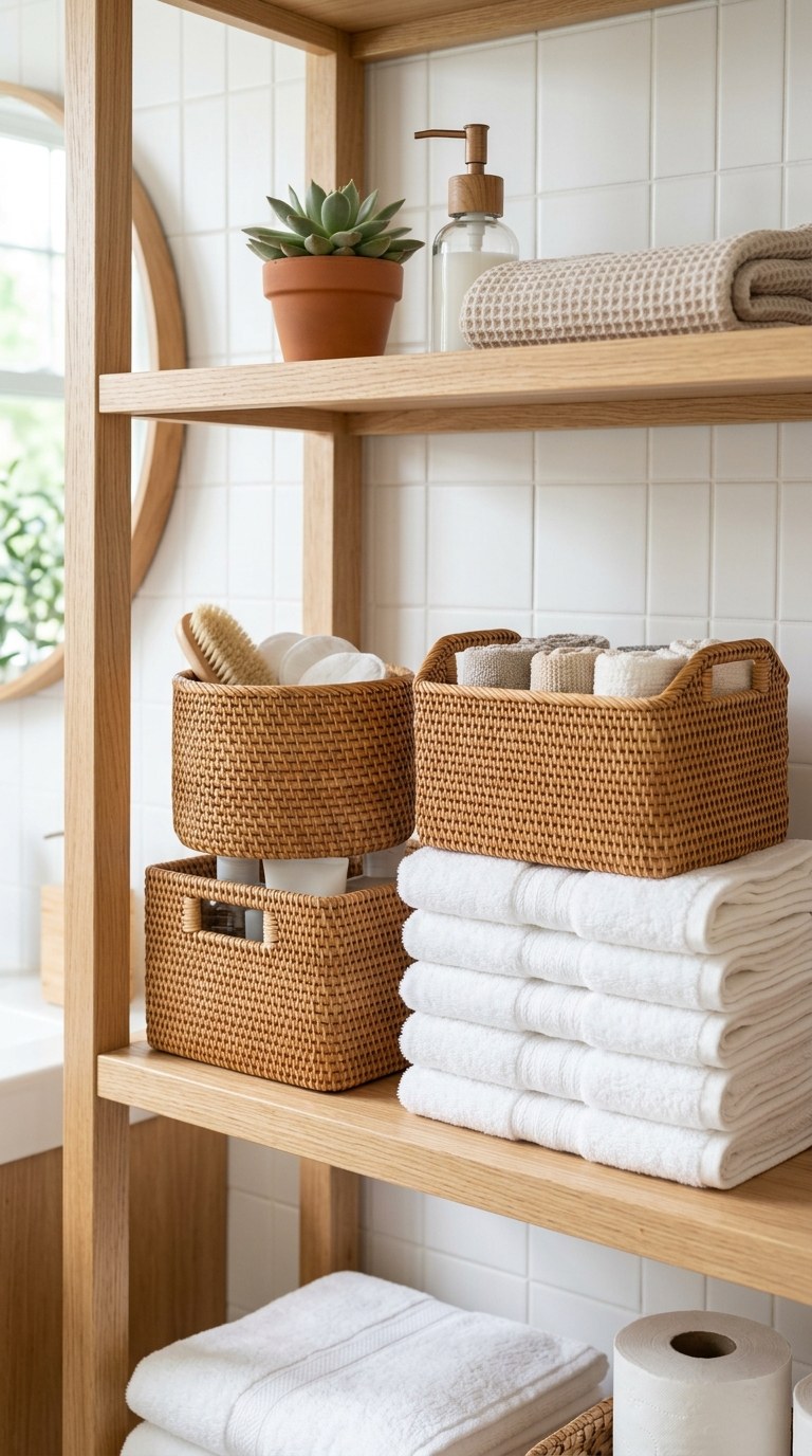 25 Bathroom Decor Ideas to Transform Your Space on a Budget 2 001 Woven Storage Baskets A bathroom shelf holding thr clean
