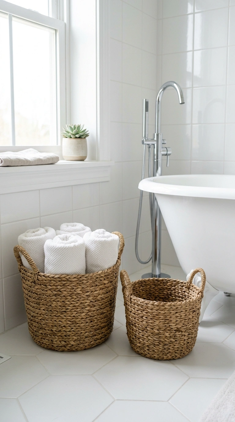 001 Woven Storage Baskets A bright bathroom corner wit