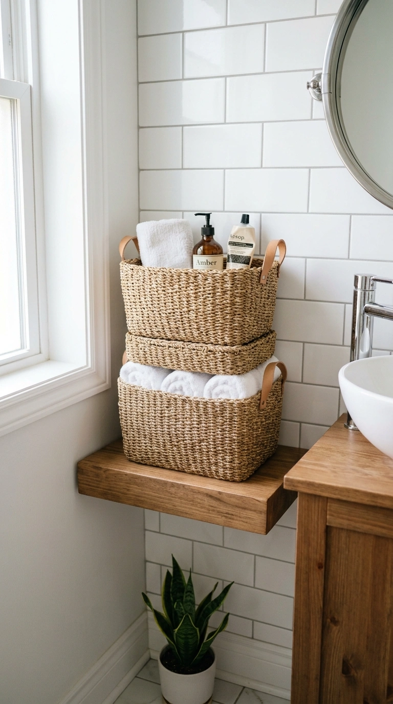 21 Affordable Bathroom Decor Ideas With Plenty of Style 2 001 Woven Storage Baskets A small bathroom corner with