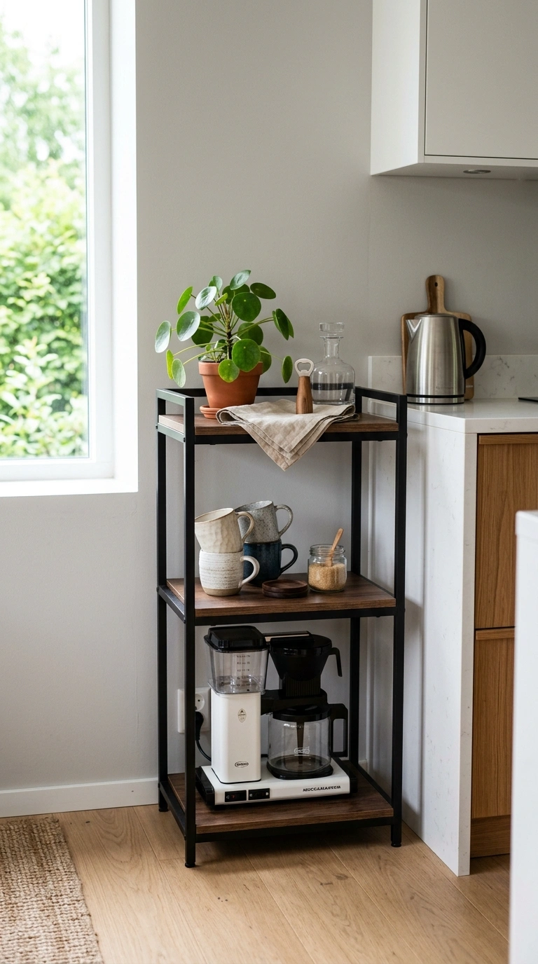 Turn a Small Corner Into a Coffee Bar With These 19 DIY Ideas 3 002 Bar Cart Corner A black metal and wood three tier