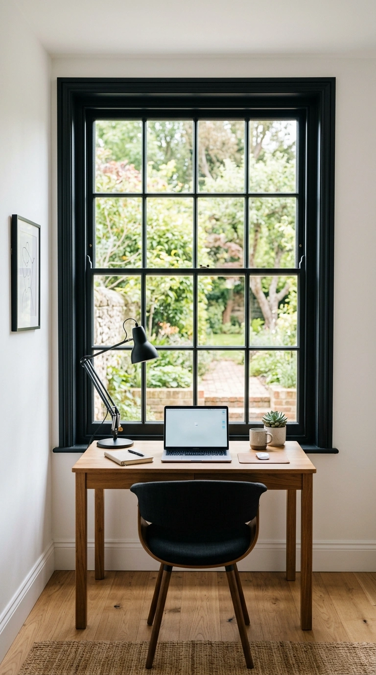002 Black Framed Windows A home office with a large wi