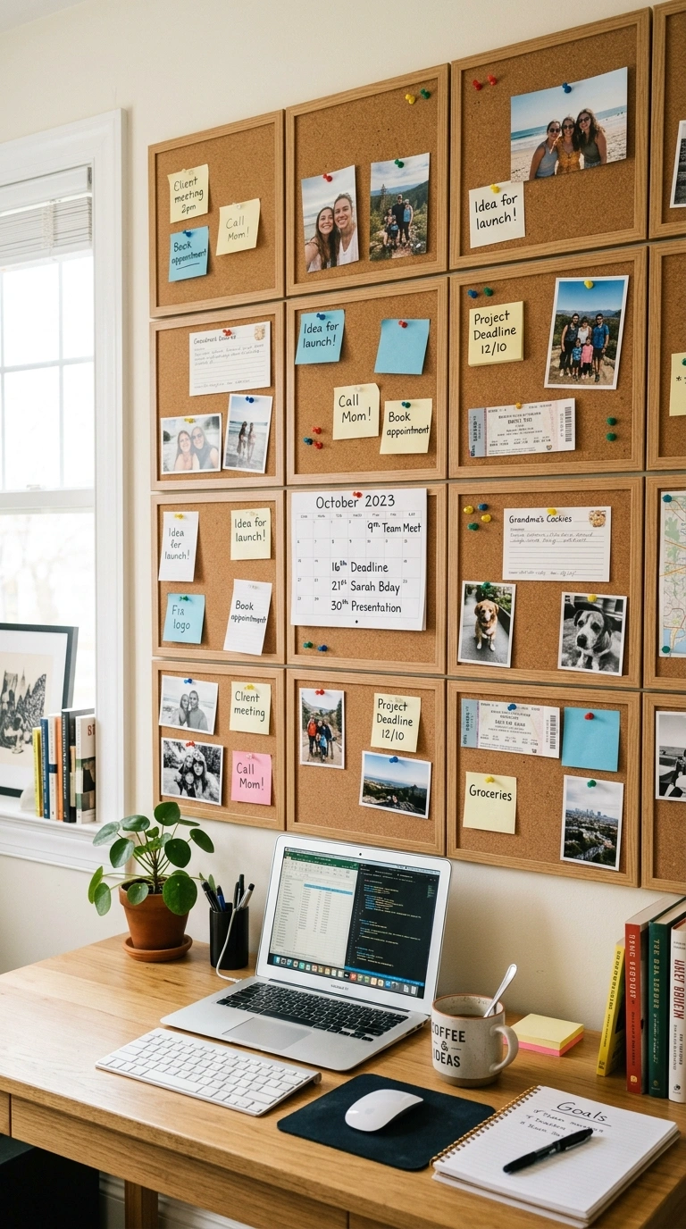002 Cork Board Wall A home office wall covered in fram