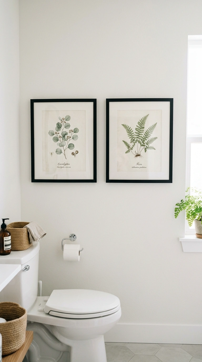 21 Affordable Bathroom Decor Ideas With Plenty of Style 3 002 Framed Botanical Prints A bathroom wall beside a t