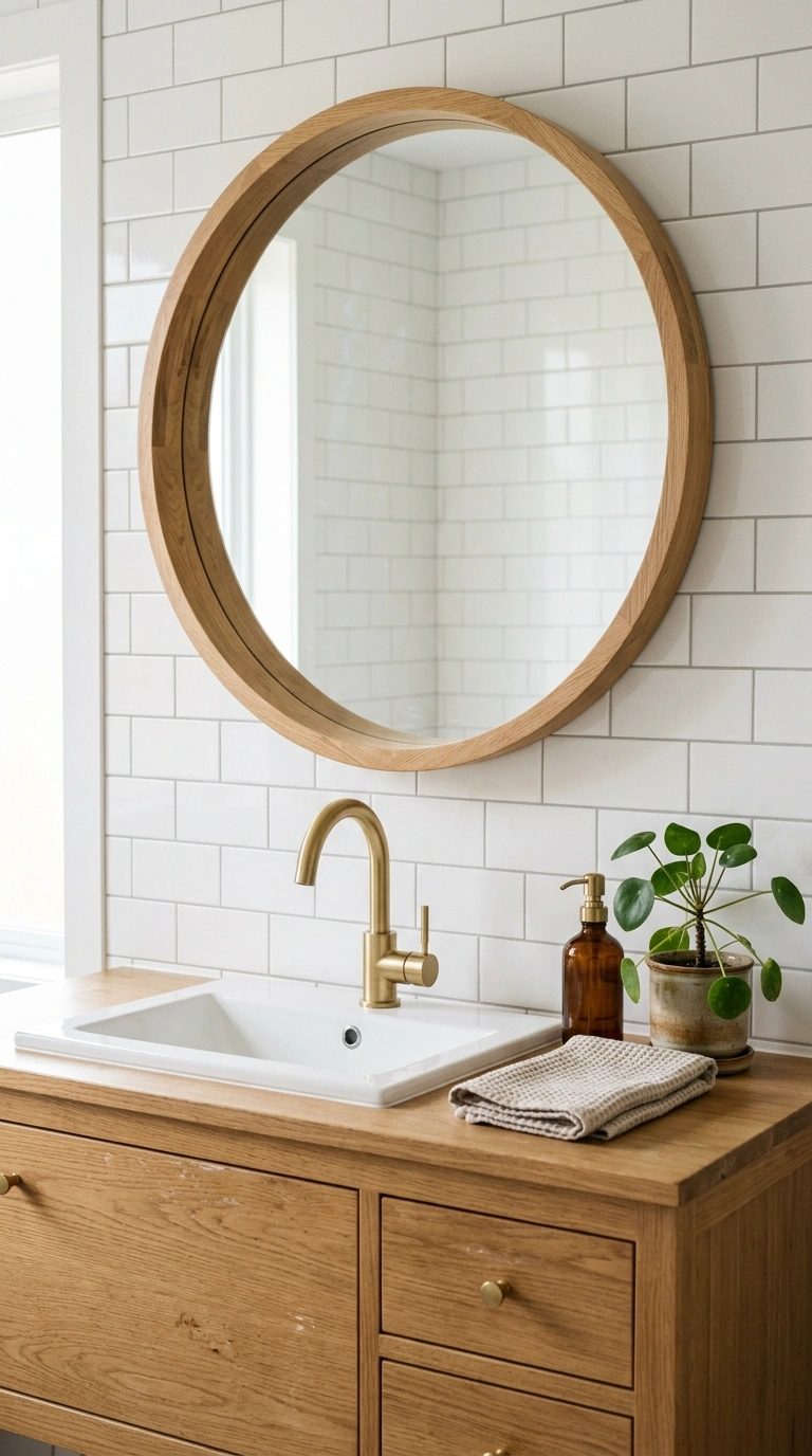 002 Framed Wall Mirror A bathroom vanity with a round