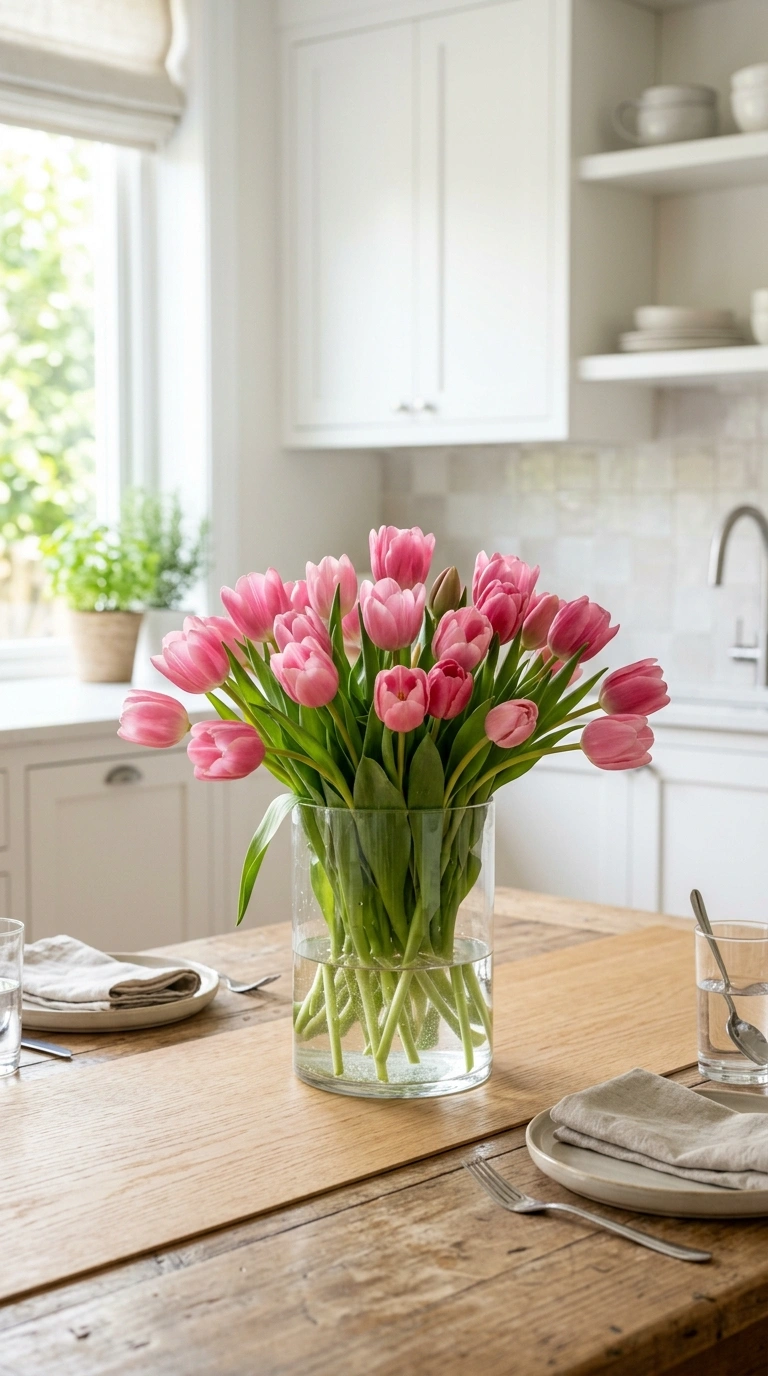 25 Seasonal Decor Ideas to Keep Your Home Feeling Fresh All Year 3 002 Fresh Tulip Centerpiece A kitchen table with a cle
