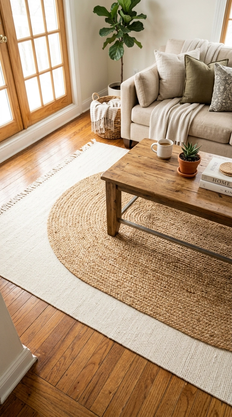 002 Layered Area Rugs A living room floor with a large