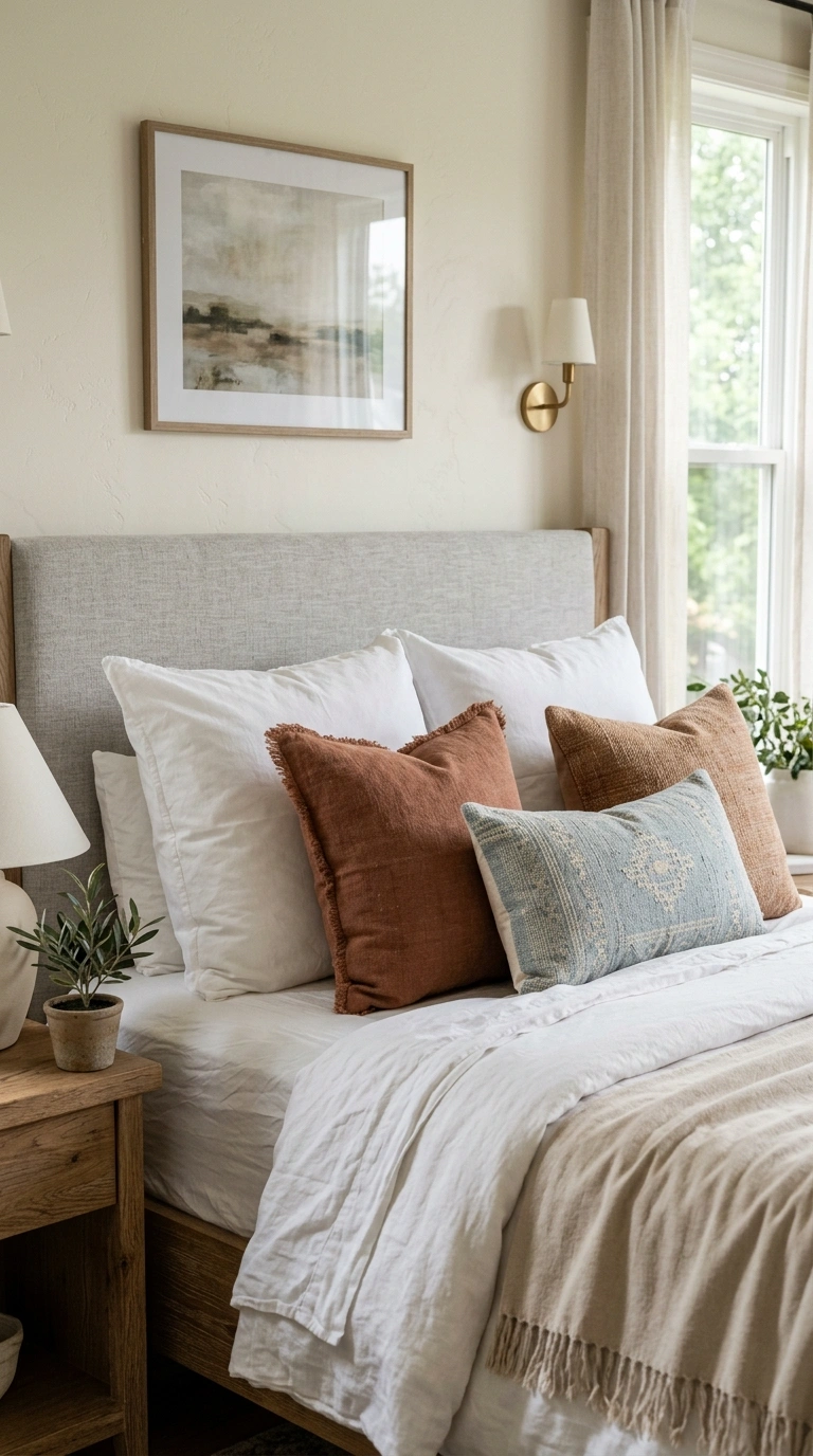 002 Layered Throw Pillows A bed headboard styled with