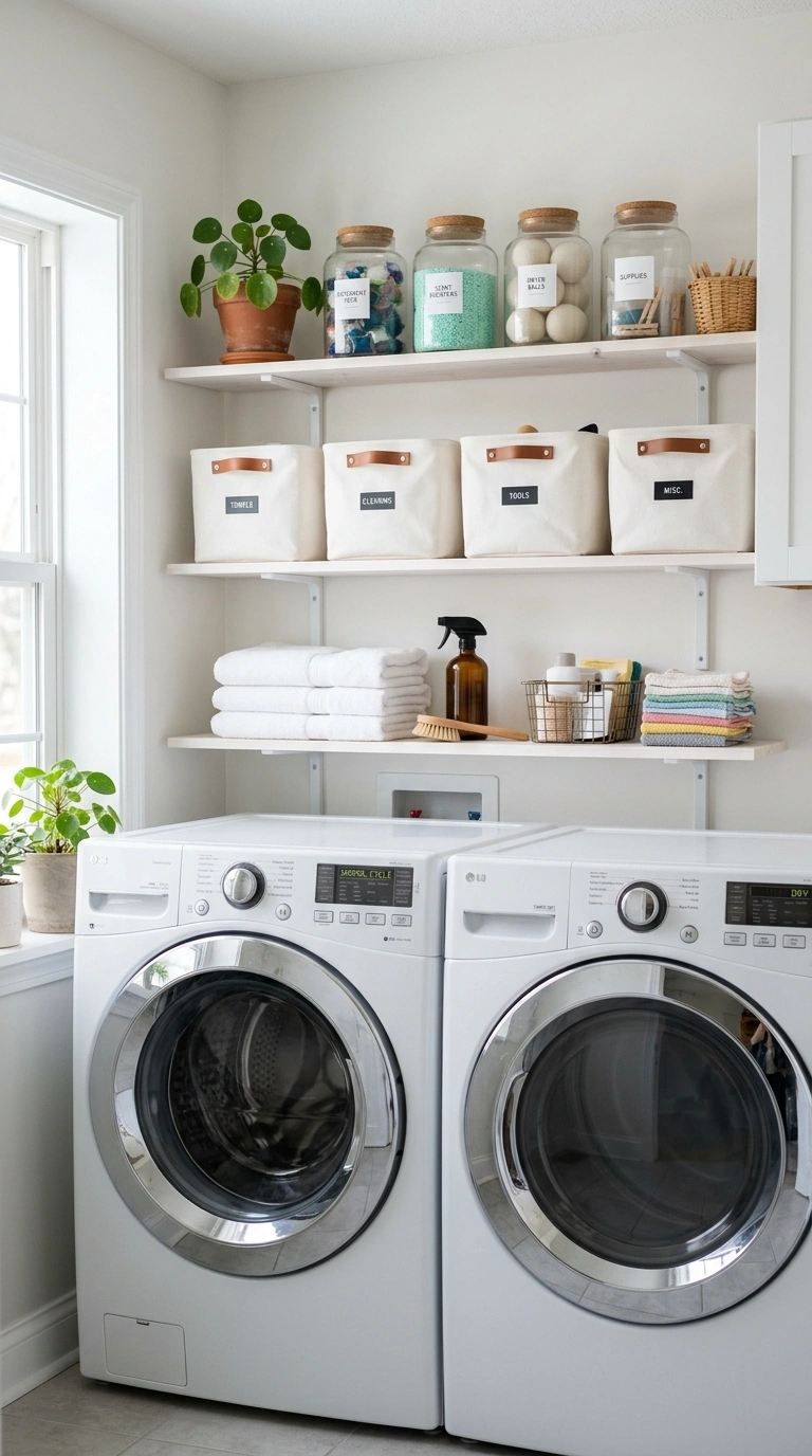 20 Laundry Room Ideas for Smarter Storage and Easier Laundry Days 3 002 Open Shelf Storage Three white painted shelves abo