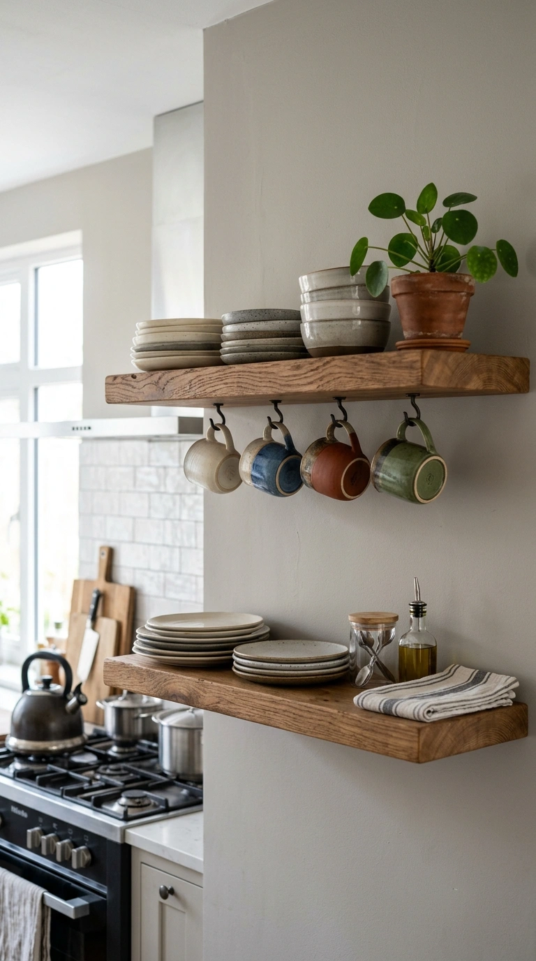 002 Open Wood Shelving A kitchen wall with two thick w