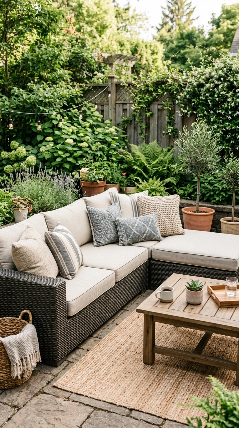 26 Outdoor Decorating Ideas for a Calm and Comfortable Backyard 3 002 Outdoor Sectional Sofa A backyard patio with an L