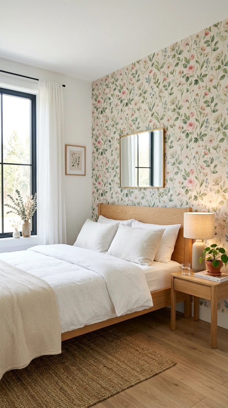 002 Peel Stick Wallpaper A bedroom with a floral peel
