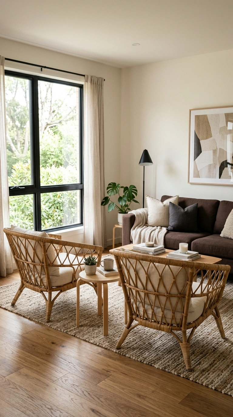 002 Rattan Accent Chairs A living room with a chocolat