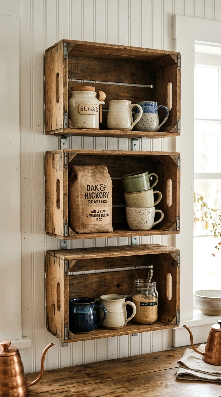 002 Stacked Crate Shelves Three wooden crates stacked