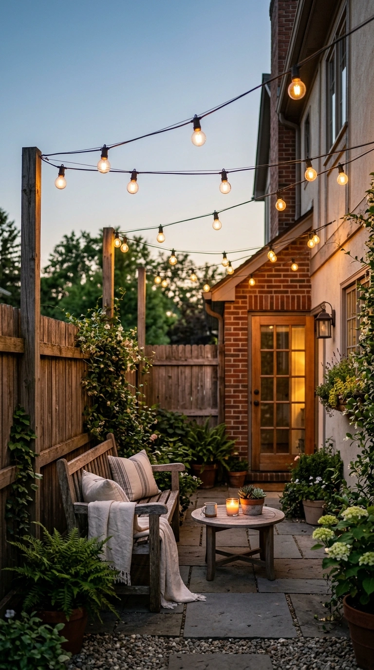 19 Outdoor Decor Ideas Everyone Is Saving Right Now 3 002 String Light Canopy A backyard patio at dusk with