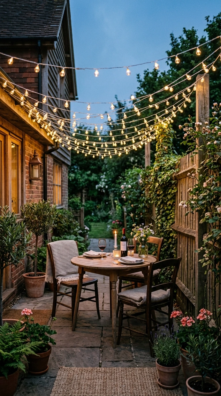 002 String Light Canopy An outdoor patio dining area w