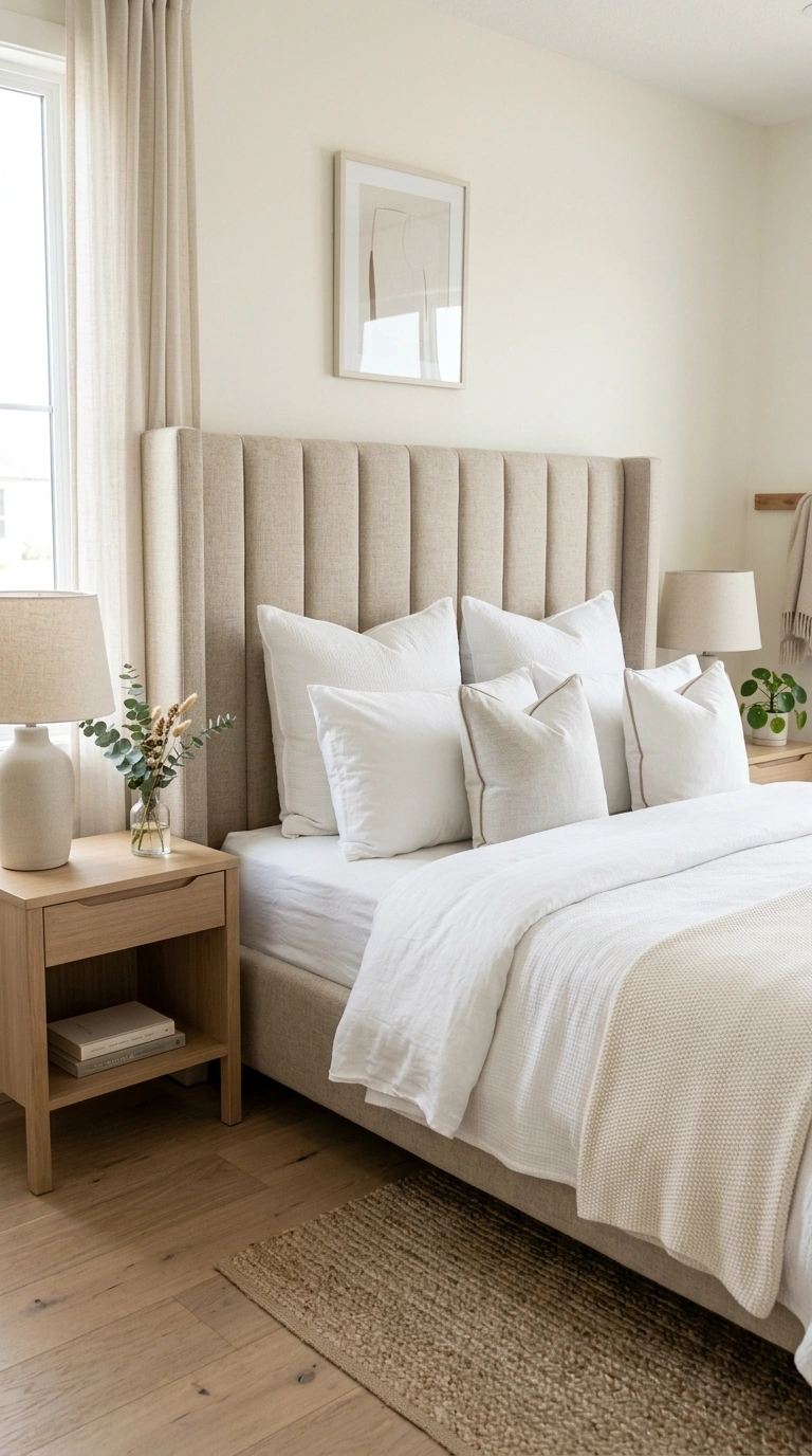 22 Bedroom Decor Ideas That Make Your Space Feel More Luxurious 3 002 Upholstered Headboard A bedroom with a tall linen