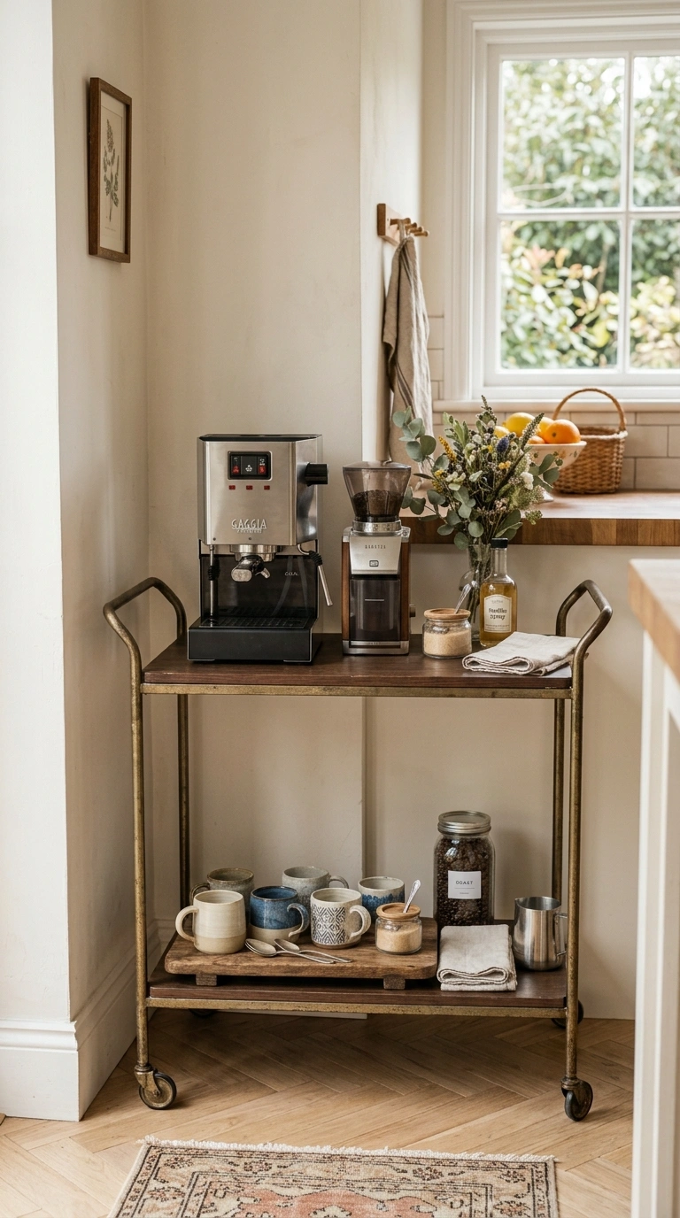19 Coffee Station Setups That Bring Café Vibes Home 3 002 Vintage Cart Setup A metal framed vintage bar cart