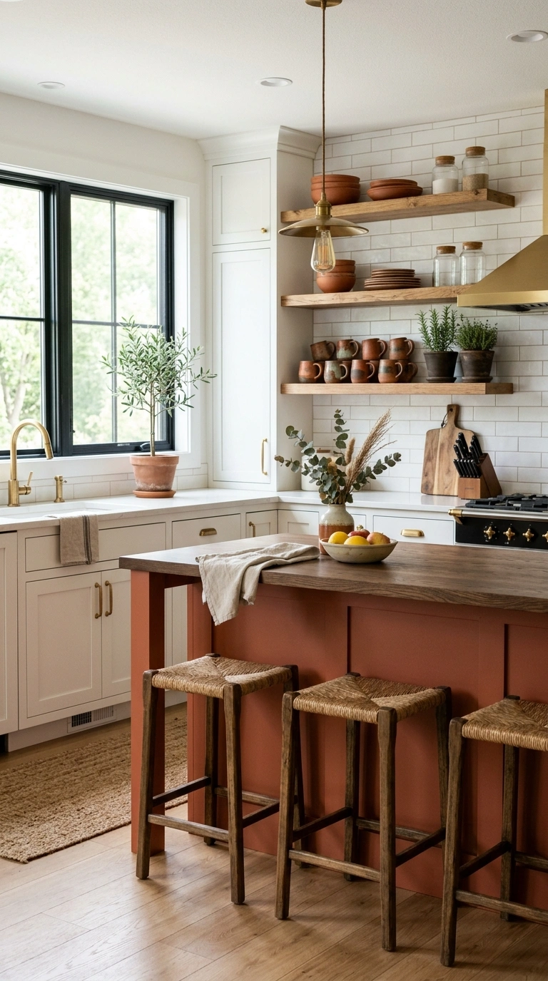 002 Warm Terracotta Accents A white kitchen with a ter