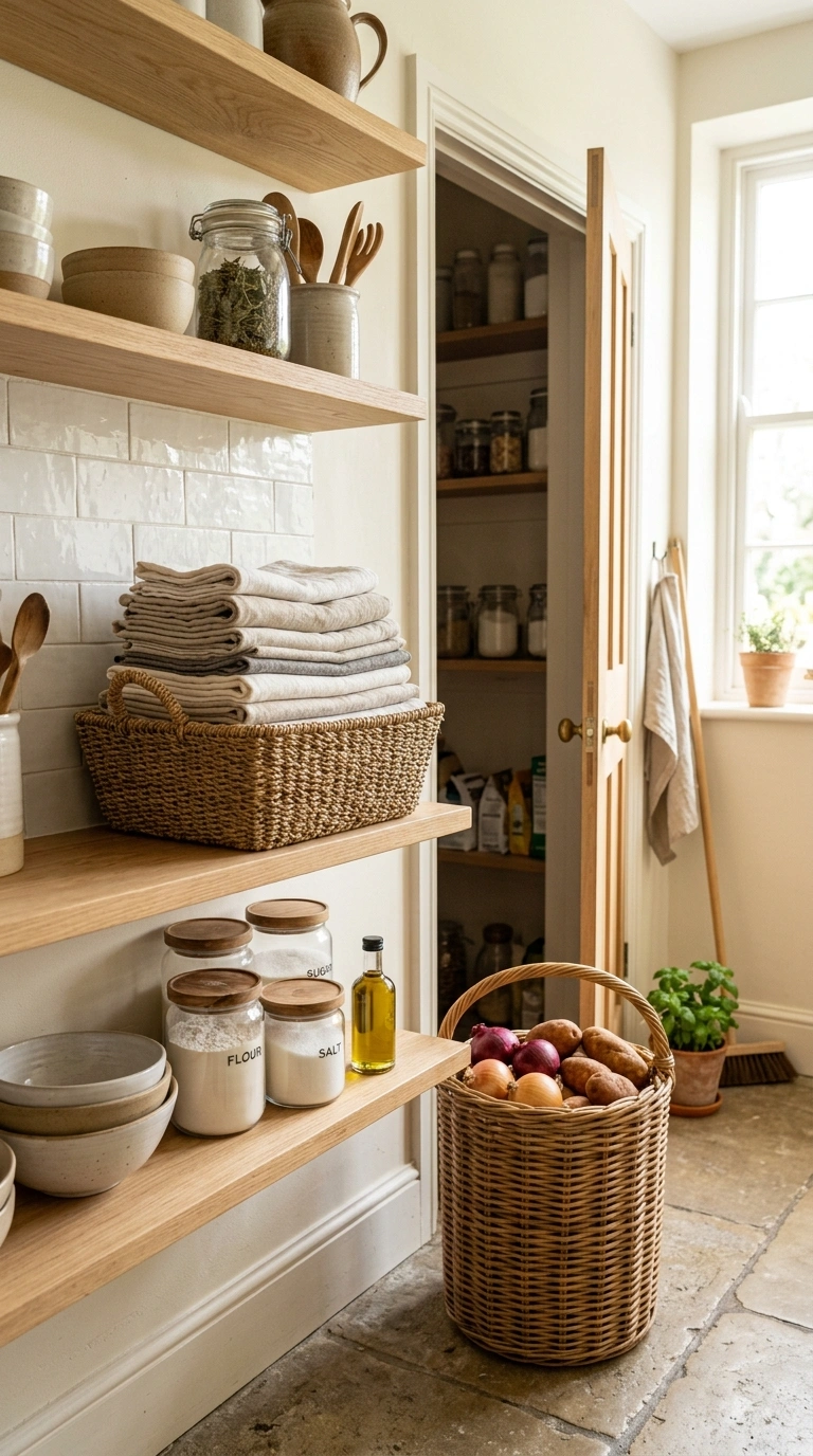 002 Woven Basket Storage A kitchen with open wood shel