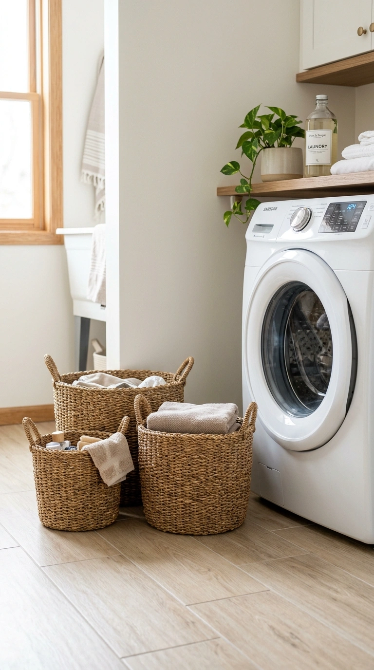 27 Laundry Room Ideas From Tiny Spaces to Spacious Setups 3 002 Woven Basket Storage Three woven seagrass baskets