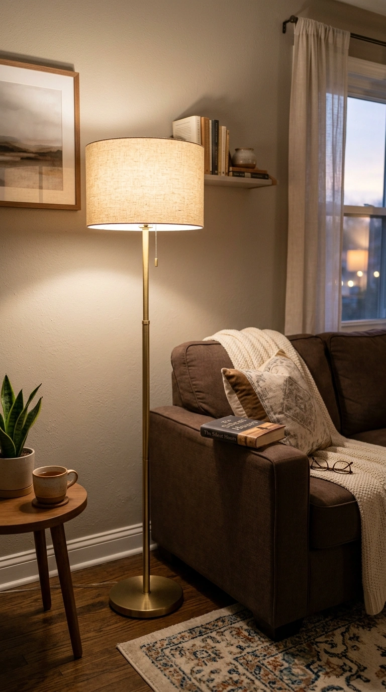 003 Brass Floor Lamp A cozy living room corner with a