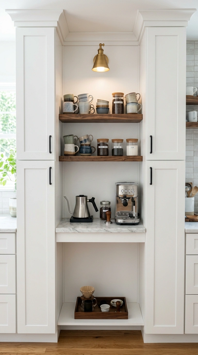 Turn a Small Corner Into a Coffee Bar With These 19 DIY Ideas 4 003 Built In Nook A narrow built in coffee nook betwee