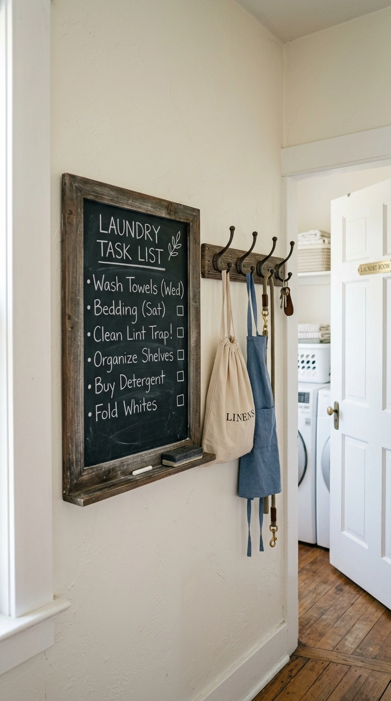 27 Laundry Room Ideas From Tiny Spaces to Spacious Setups 25 003 Chalkboard Task List A small chalkboard in a wood