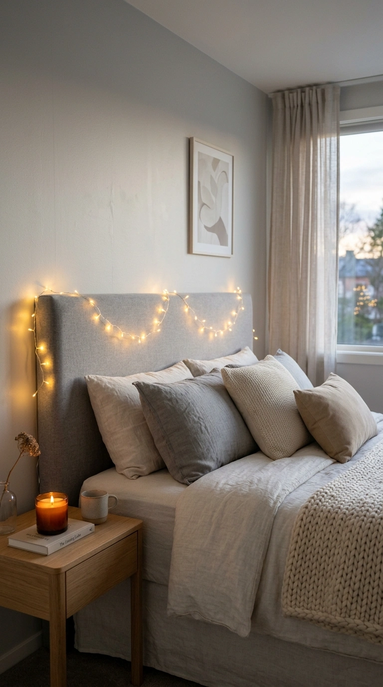 003 Fairy String Lights A bedroom headboard draped wit