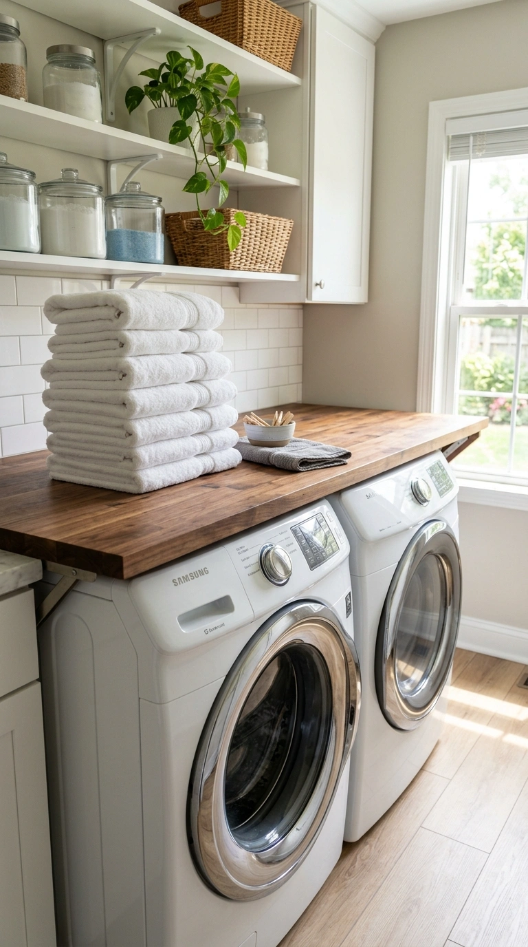 27 Laundry Room Ideas From Tiny Spaces to Spacious Setups 4 003 Folding Table Counter A butcher block folding coun