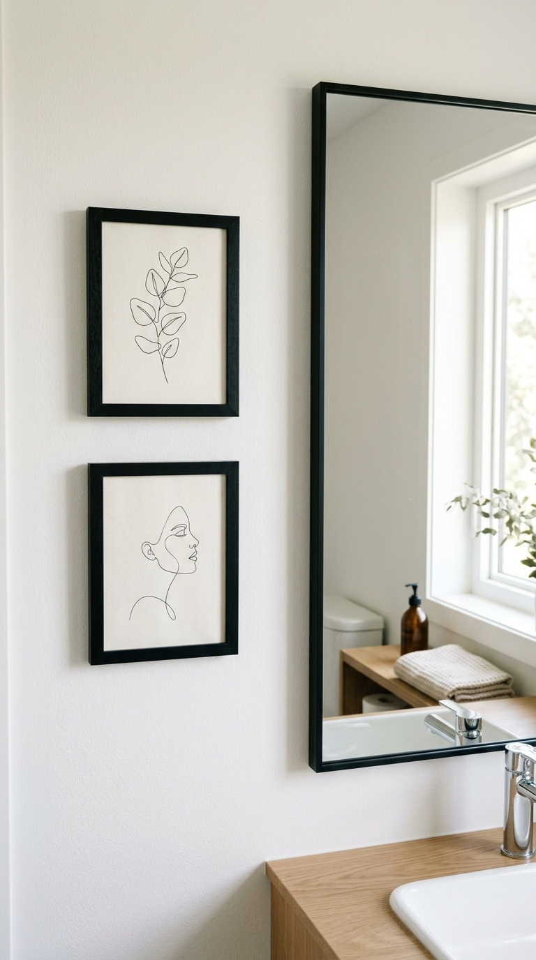 23 Small Bathroom Wall Decor Ideas That Make a Big Impact 4 003 Framed Line Art Two small black framed line art pr