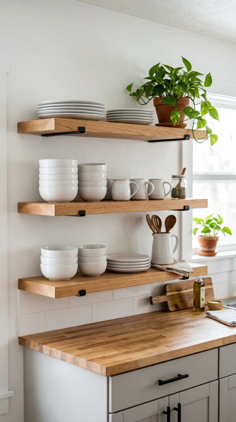24 Simple Kitchen Makeover Ideas for DIY and Budget-Friendly Updates 4 003 Install Open Shelving A kitchen wall with open woo